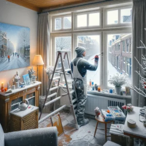 Ervaren Winterschilder schildert zorgvuldig een binnenmuur in een gezellige woonkamer in Den Haag, met een winterlandschap zichtbaar buiten het raam